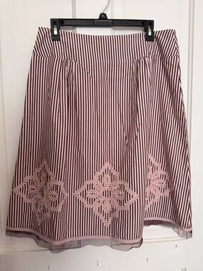 Ann Taylor Loft Y2K A line Brown White Striped applique Detail Sz 10 100% Cotton
